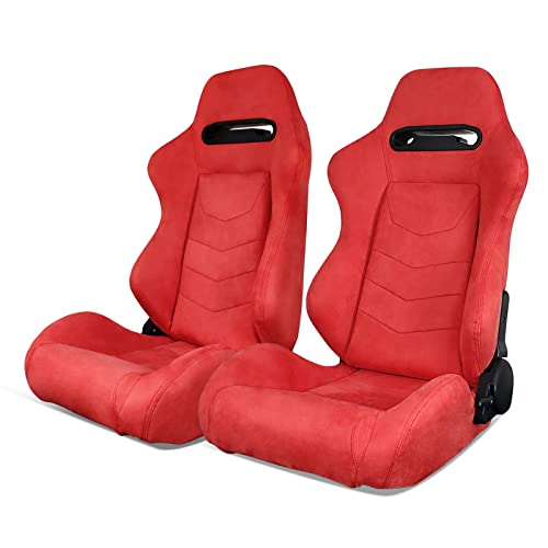 Ikon Motorsports, Universal Racing Seats Pair With Dual Sliders, Red Suede Reclinable Left Right #TOP11
