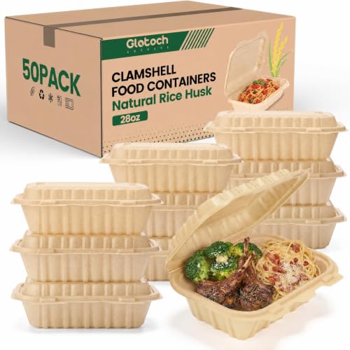 Clamshell Food Containers with Lids, 50 Pack-28oz Take Out Boxes Disposable Meal Prep Containers Natural Rice Husk Material Durable To Go Containers for Pasta Salad Sandwich Microwave Freezer Safe by Glotoch Express - Used condition - US$21.38