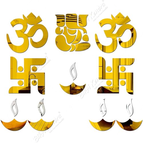 Image of Bikri Kendra - Ganesha with Om Swastika Diyas 3D Acrylic Decorative Mirror Wall Sticker (Golden), Pack of 8