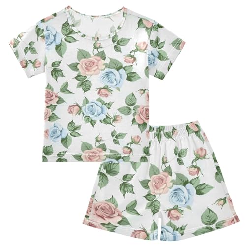 ALAZA Rose Bouquet Flower Floral Pajamas Set Short Sleeve Cotton Sleepwear Summer Pjs 2 Piece 5-14Y