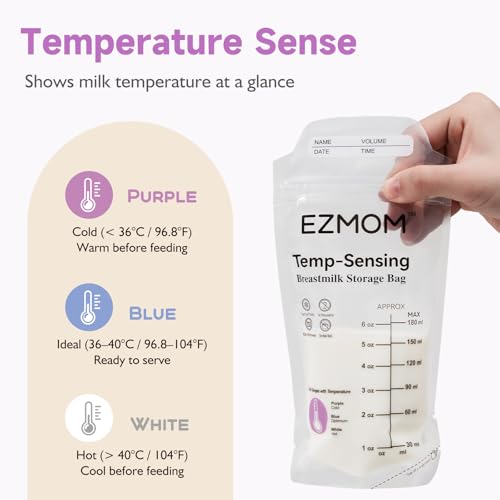 EZMOM Breastmilk Storage Bags, 120pcs Disposable Breast Milk Storage Bag, Temp-Sensing Discoloration Storing Bags for Baby Bottle Feeding, 6 Ounce Leak-Proof Freezer Storage, Baby Essentials - Thumbnail 2
