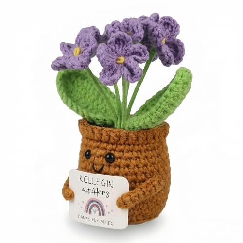 AUFIKR 1 Stück Gestrickte Vergissmeinnicht Blumenpuppen, Kleines Dankeschön Geschenk mit Positiver Botschaft,​, ​Bürodekoration und Abschied Büro Geschenke für Kollegen​ (Lila)​