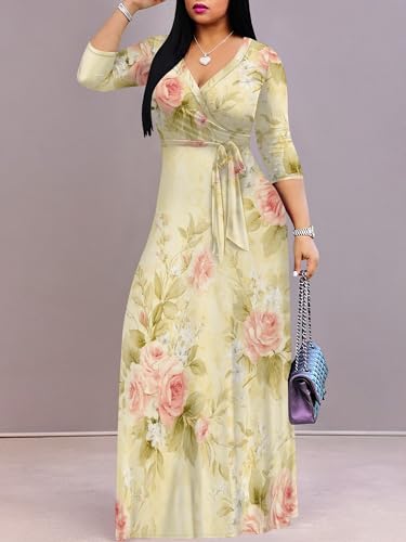 Image of Plus Size Maxi Dress for Women V Neck Flowy Dresses with Pockets for Wedding Guest Church