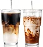 Tasses en verre ribbées de 20 oz avec couvercles et pailles, ensemble de 2 tasses à café glacé, ensemble de tumblers en verre étanches pour bar à café, verres réutilisables pour eau, latte, smoothie et boissons froides