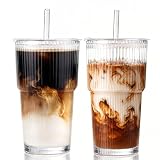 20oz Ribbed Glass Cups with Lids and Straws, 2 Pack Iced Coffee Cups, Leak Proof Glass Tumbler Set for Coffee Bar, Reusable Drinking Glasses for Water, Latte, Smoothie & Cold Drinks