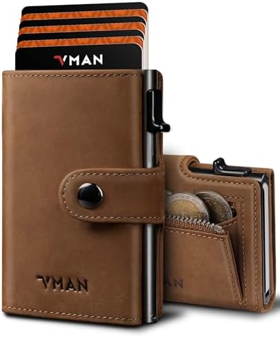 VMAN Geldbörse Herren, Slim Wallet mit Münzfach, RFID Schutz, Premium Leder Portmonee Geldbeutel für 8–11 Karten, Kleines Kartenetui für Alltag & Reise - Dunkel Braun
