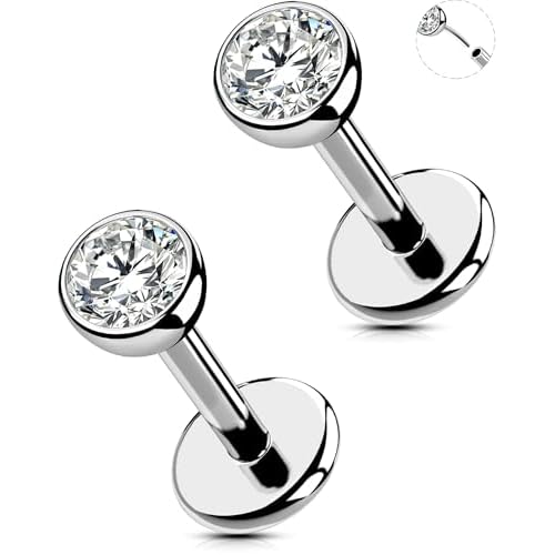 OUFER 2Pcs 20G/18G/16G G23 Titanium Threadless Nose Stud Earrings Flat Back Tiny CZ Small Nose Helix Cartilage Tragus Conch Labret Medusa Monroe Piercing Jewelry for Women Men Silver 2pcs, 1
