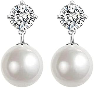 Pearl Earrings for Women, 925 Sterling Silver with Austrian Crystals Diamond Stud Pearl Drop Earring