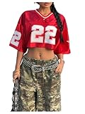 Verdusa Women's Jersey Shirts Hip Hop V Neck Short Sleeve Mesh Crop Top Graphic Tees Red and White Small