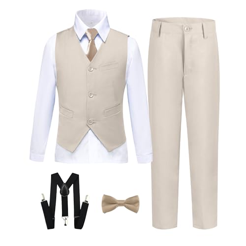 La mejor selección de Esmoquin para Niño que Puedes Comprar On-line. 45 Traje formal de 7 piezas de esmoquin ajustado para niños, adolescentes, niños, chamarra y pantalones para boda con tirantes de pajarita, Conjunto de chaleco de champaña, 14