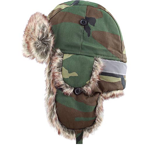 Faux Fur Safety Reflective Aviator Kids Trapper Hat Snow Ski Trooper Winter Cap (Kids, Woodland Camo) #TOP2