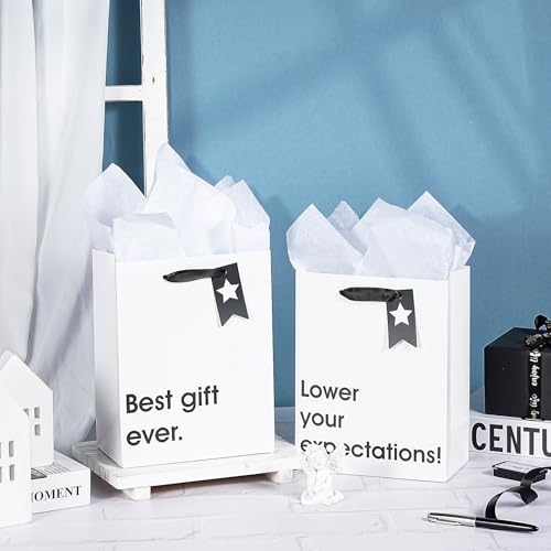 Image of Loveinside Christmas Medium Size Gift Bags Set, Funny Quirky Design with Bold Black Text Pattern with Tissue Paper Perfect for Shopping, Parties, Birthday, Holiday, 4 Pack, 7 inch X 4 inch X 9 inch