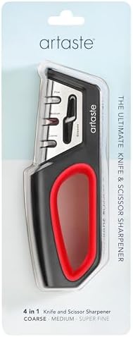 Artaste 4-in-1 Knife and Scissor Sharpener, Manual Kitchen Knife Sharpener with Coarse, Medium, and Super Fine Sharpening Slots, Scissor Sharpener, Ergonomic Non-Slip Handle, Black and Red image 4