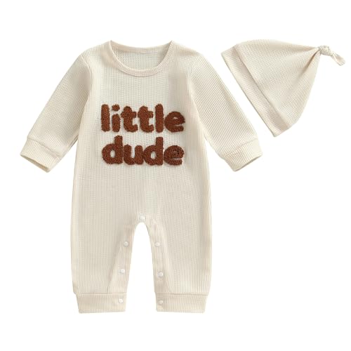 Image of Baby Boy Clothes 0 3 6 9 12 Months Infant Long Sleeve Romper Waffle Knit Little Dude Embroidered Jumpsuit with Hat