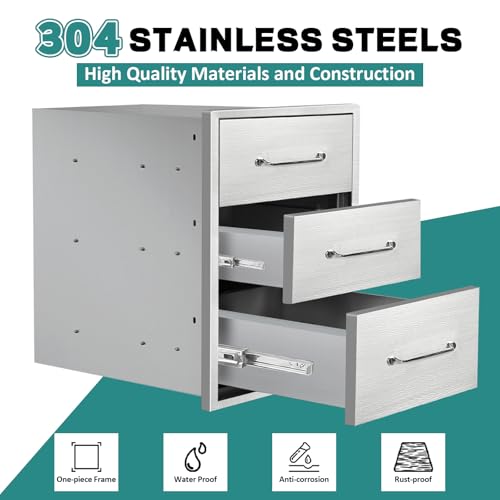Image of Outdoor Kitchen Drawers 16 inch W x 21 inch H x 23 inch D Stainless Steel Drawer BBQ Triple Drawers with Chrome Handle for Outdoor Kitchen Island, Patio Grill Station