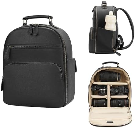 Small Camera Backpack Classic PU Leather for DSLR, Professional Camera Bag for Photographers with 11 Inch Pad/Tablet Compartment Small 10L Black