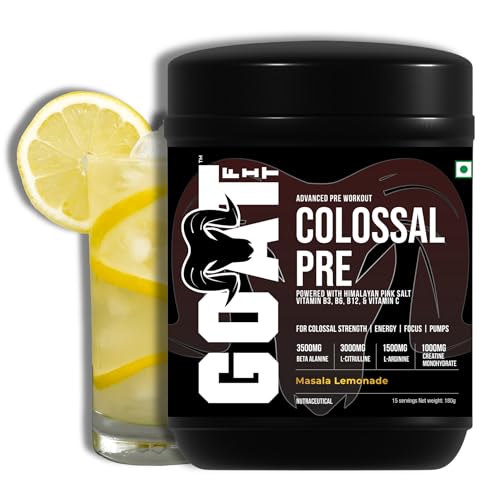 Image of G.O.A.T Fit Colossal Pre|Preworkout Powder (Masala Lemonade 180 Gm 15 Servings) 200 Mg Caffeine 3.5 G Beta-Alanine 3 G Citrulline 1.5 G Arginine 1 G Creatine With Himalayan Pink Salt,1 Count