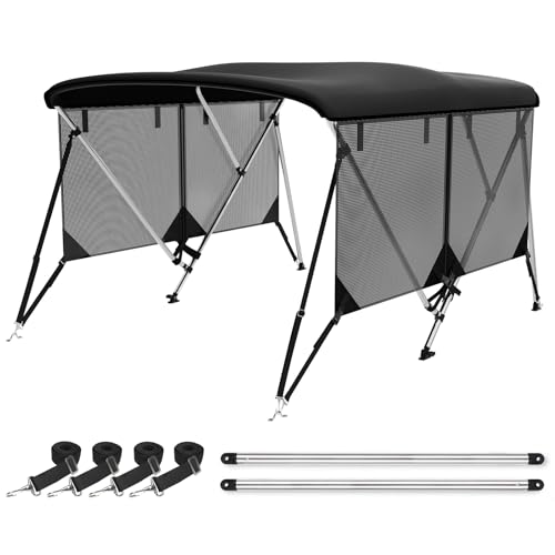 Leader Accessories 3 Bow 4 Bow Bimini Top Cover for Boat with Mesh Sidewalls Includes 4 Straps 2 Rear Support Poles Storage Boot 1" Aluminum Frame (Black, 3 Bow 67"-72" W)