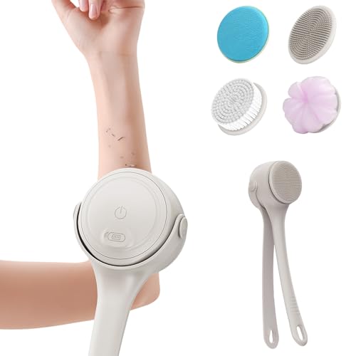 Elektrische Rückenbürste, 4 Wechselköpfe 360 Rotation IPX7 Duschbürste mit 2 Geschwindigkeiten Doppelgriff Körperpeeling Bürste für Tiefenreinigung und Massage für Frauen Männer Senioren Weiß