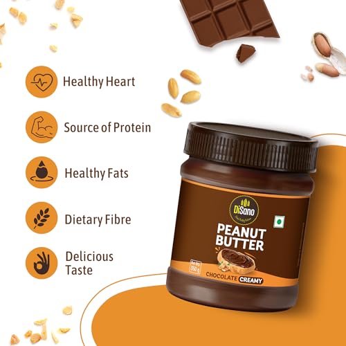 Image of DiSano Chocolate Peanut Butter Creamy, 350g, 23g Protein & 6.4g Dietary Fibre, Tasty & Healthy Chocolate Spread for Breakfast & Snacks, Made with Premium Roasted Peanuts, Zero Cholesterol & Trans Fat