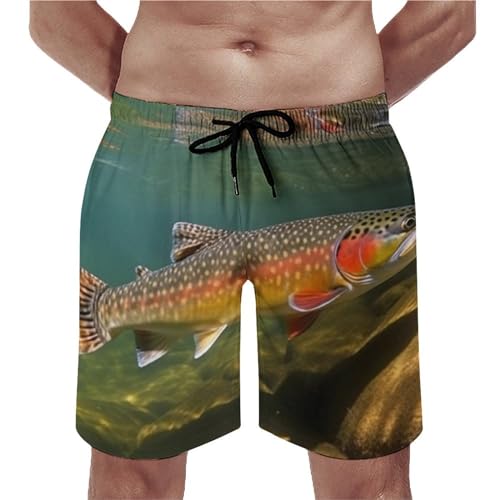 Men's Swim Trunks Brook Trout Fly Fishing Beach Shorts Quick Dry Summer Bathing Suit Swimwear Beachwear with Pockets