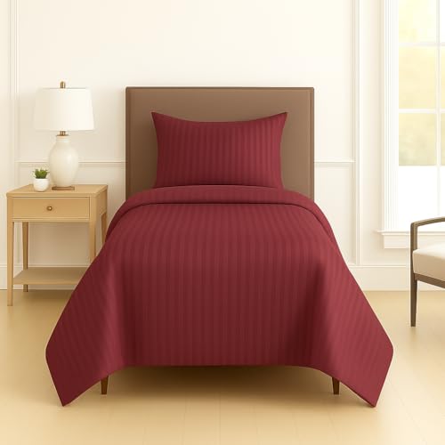 Image of DECOR2ADMIRE 300 Thread Count Premium Glace Cotton Plain Stripe Single Bedsheet with One Pillow Cover (60 inch x 90 inch) (Wine, Pack of 2)