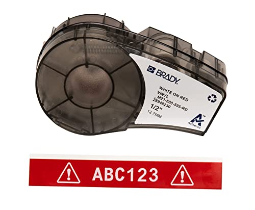 Brady Authentic (M21-500-595-Rd) All-Weather Vinyl Label For Indoor/Outdoor Id, Lab And Equipment Labeling, White On Red- For M210, M210-Lab, M211, Bmp21-Plus And Bmp21-Lab Printers, .5" W, 21' L #TOP5
