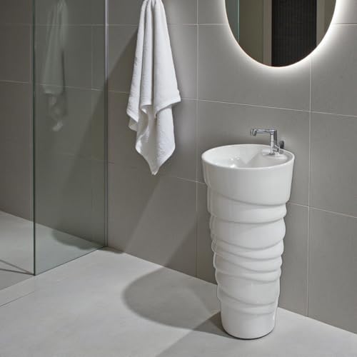 Image of Clay Plus Damru Pedestal Free Standing One Piece Premium Ceramic Wash Basin Single Bowl Sink For Bathroom, Kitchen, Hotel & Livingroom | Designer Modern ROUND (RIO)