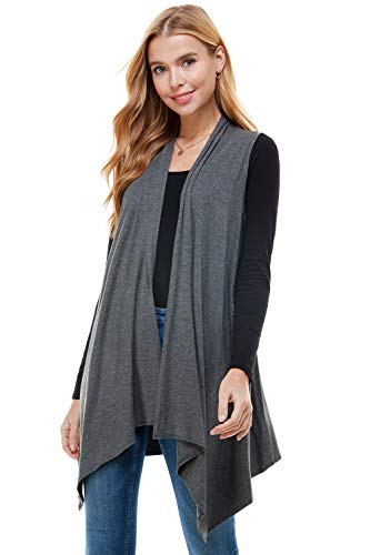 Azules Womens Solid Color Sleeveless Asymetric Hem Open Front Cardigan (X-Large, Charcoal)