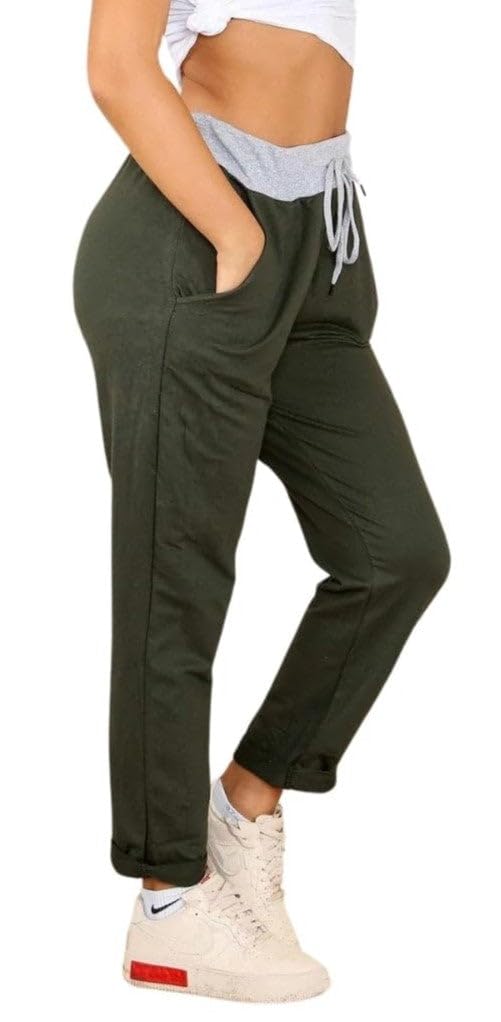 Wearall Women's Khaki Floral Print Drawstring Elasticated Trousers Jogging Bottoms Pants-8-10