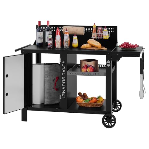 Image of PC4001B 3-Tier Prep & Work Table with Middle Shelf Black | Bottom Shelf, Side Shelf with Hooks, Storage Cabinet, Bottle Opener, Side Handle, 2 Wheels for Easy Mobility,