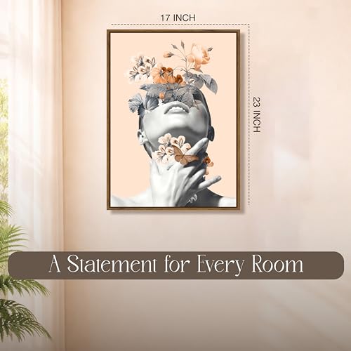 Image of Surreal Floral Woman Portrait Framed Canvas Painting For Living Room | Modern Beige Abstract Botanical Wall Art For Livingroom Wall Decor, Home Decor, Bedroom, Hallway's, Office, Hotel - 43x58 cm