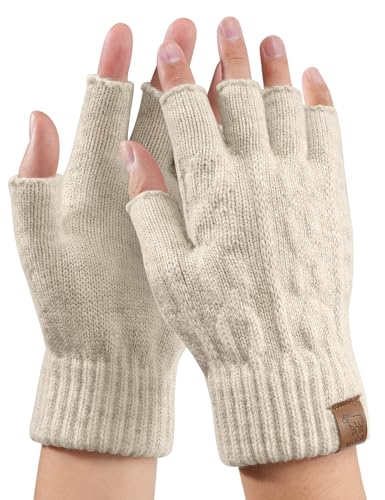 TOMEEK Fingerlose Handschuhe Herren und Damen Winter 100% Wolle Weich Thermohandschuhe Warm Stretch Strickhandschuhe Reithandschuhe für Skifahren Arbeit(Beige,M)