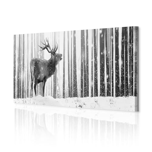 decomonkey Bilder Hirsch 120x40 cm 1 Teilig Leinwandbilder Bild auf Leinwand Vlies Wandbild Kunstdruck Wanddeko Wand Wohnzimmer Wanddekoration Deko Natur Winter Wald
