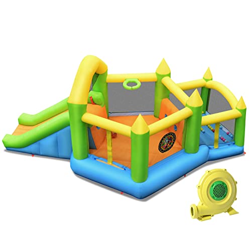 COSTWAY Aufblasbare Hüpfburg mit Rutsche & Bällebad & Basketballkorb, Hüpfburgschloss Springburg Bouncer inklusive Tragetasche, Reparaturset, Erdspieße 477 x 241 x 208 cm (mit Gebläse)