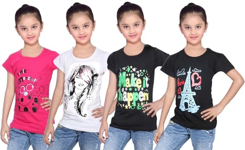 Image of indi weaves Girls Pure Cotton Chest Printed Half Sleeves Round Neck T-Shirts (Pack of 4)