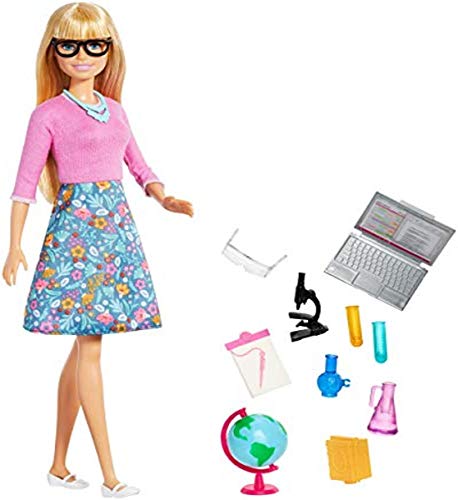 Barbie GJC23 - Lehrerin-Puppe (blond) mit zehn Zubehörteilen für den Unterricht, mit eim drehbaren Globus und…