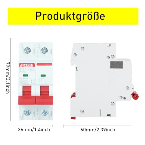 JOYELEC 2 Stück 20A Solar Photovoltaik Systeme Miniatur-Leistungsschutzschalter，2 Polig，DC500V für Solar Panels Pv Anlage Sicherungsautomat Trennschalter