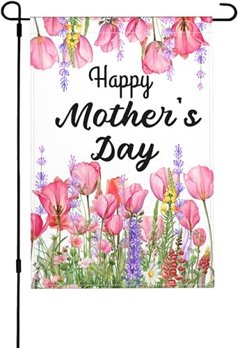 UEQIKI Happy Mother’s Day Garden Flag for Outside Double Sided Spring Summer Love Mom Welcome Floral Burlap 12x18 Inch