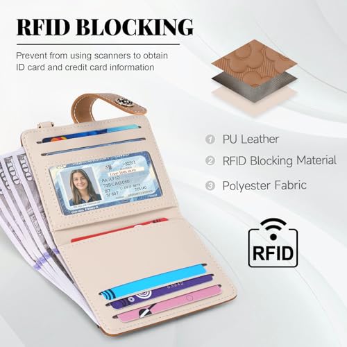 Image of RFID Wallet Women,Slim Small Wallets Embossed Flower Leather Bifold Compact Ladies Girls Wallet with Credit Card Holder Zipper Coin Pocket Brown