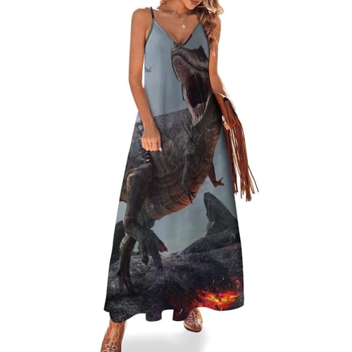Robe été dinosaures sans manches motif fun et coupe fluide maxi