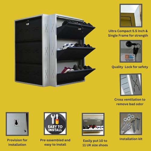 Image of I Metal Shoe Rack I Slim and Wall Mounted I 3 Shelves (Grey Colour) I Coad LC 2L-03 GR I Height 43 Inches, Width 29 Inches, Depth 5.5 InchesI 3 Years Warranty.