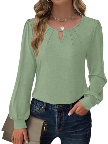 GKBK Women's Long Sleeve Tops Dressy Business Casual Blouses Chiffon Basic Loose Fit V Neck Work Shirt Pleated Keyhole 2025 Fall Winter Clothes Trendy Outfits Green Large