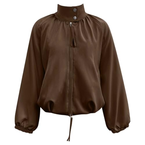 Generico Giacca Bomber Donna Oversize Corta Con Collo a Imbuto, Leggera Giubbotto Casual, Pratica Giacca Esterna Per Autunno E Primavera