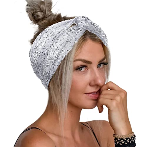 Gortin Sequins Headbands Stretchy Wide Headband Sparkle Twist Turban Head Wraps Rave Party Headpieces Knotted Hair Bands Nightclub Headscarfs Glitter Hair Accessory For Women And Girls (A-Sliver) #TOP29