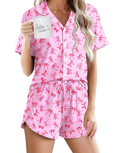 Image of Ekouaer Pajamas for Women Set Button Up Sleepwear 2 Piece Pjs Lounge Set Short Sleeve Nightwear