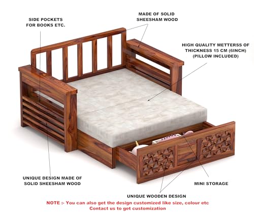 Image of Solid Wood Sofa Cum Bed for Living Room | Modern Wooden Pull-Out Diwan Bed with Cushioned Seating | Convertible 2 Seater Sofa Bed for Home & Guest Room (Honey Finish)