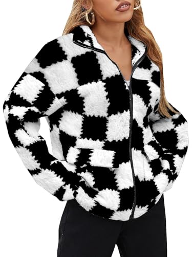 EARKOHA Womens 2026 Winter Coat Fashion Checkered Zip Up Faux Fur Sherpa Jacket Warm Fleece Oversized Outwear with Pockets Checkered Black XL