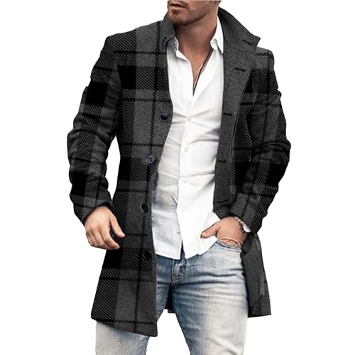 Maiyifu-GJ Mens Single Breasted Trench Outerwear Winter Wool Blend Pea Coat Warm Lapel Work Business Jacket (3X-Large,Black Gray Plaid)
