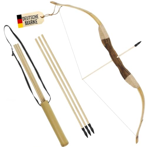 FLITZEBOGEN Bamboo Set - 40 Zoll - Kinderbogen aus Holz, Anfängerbogen mit Köcher und Pfeilen für den Einstieg I Für Kinder ab 7 Jahre (Set mit 3 Pfeilen)